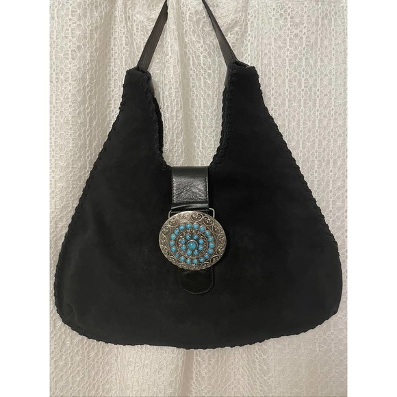 La Bella - Handmade Black Sueded Leather Turquoise Buckle Purse / Handbag - Picture 1 of 2